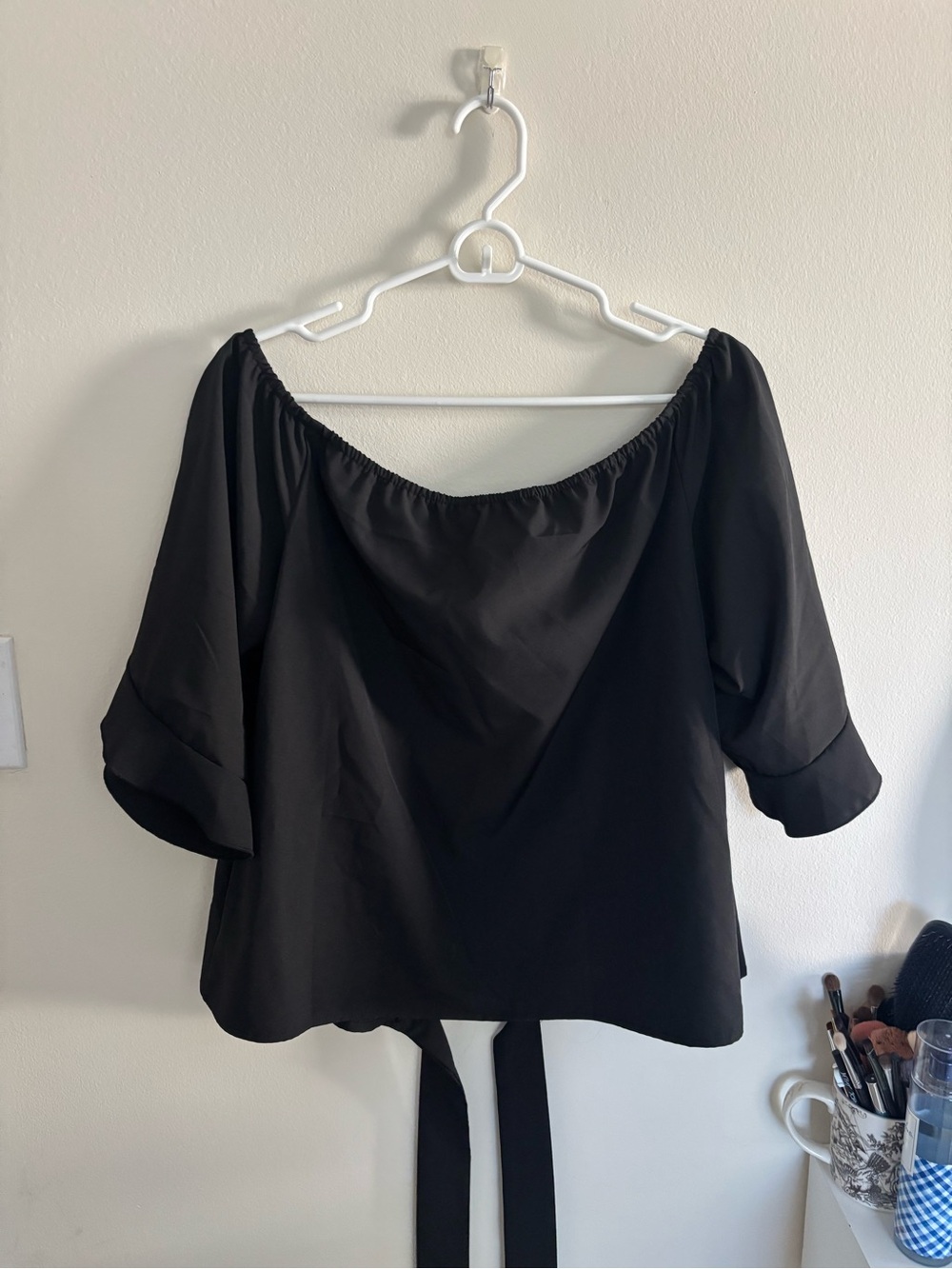 Women’s Off-Shoulder Black Blouse with Tie Back